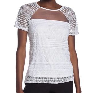 Laundry by Shelli Segal Sheer Yoke Lace White Top Size Medium